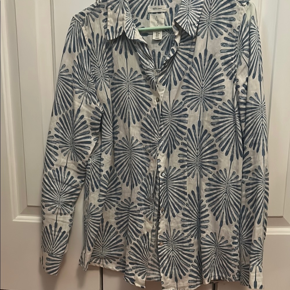 Joie Blue and White Button Down Shirt with Botanical Print